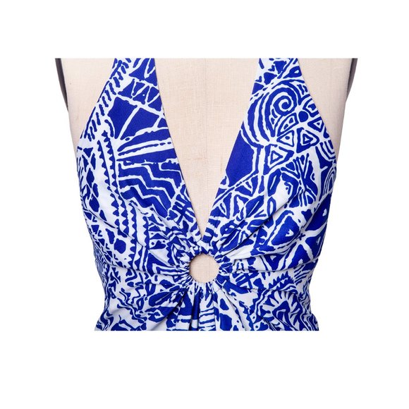 Vintage 60s 70s Hawaii Nei Hawaiian Blue White Halter Maxi Sundress Dress - Picture 5 of 16